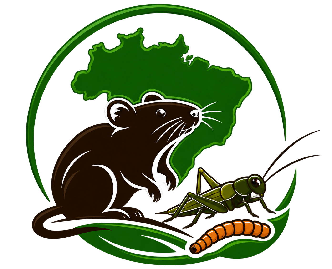 Emblema com mapa do Brasil, rato, grilo, tenébrio e folhas, sem fundo
